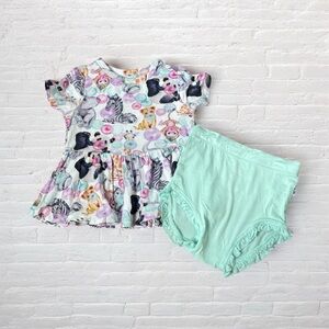 Birdie Bean // Bubble Gum Safari Print Top and Mint Diaper Cover Bummies Set